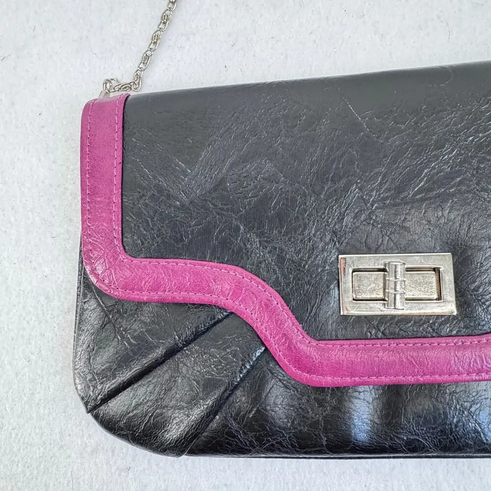 Vintage Black faux Leather Shoulder Bag Pink Trim Y2K Retro Baguette Purse - Picture 9 of 9